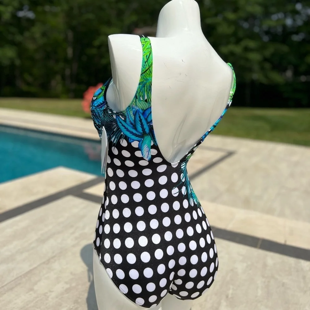 ‼️SALE ‼️ NWT One Piece Swimsuit By Sunflair polkadot with palm print Size 14